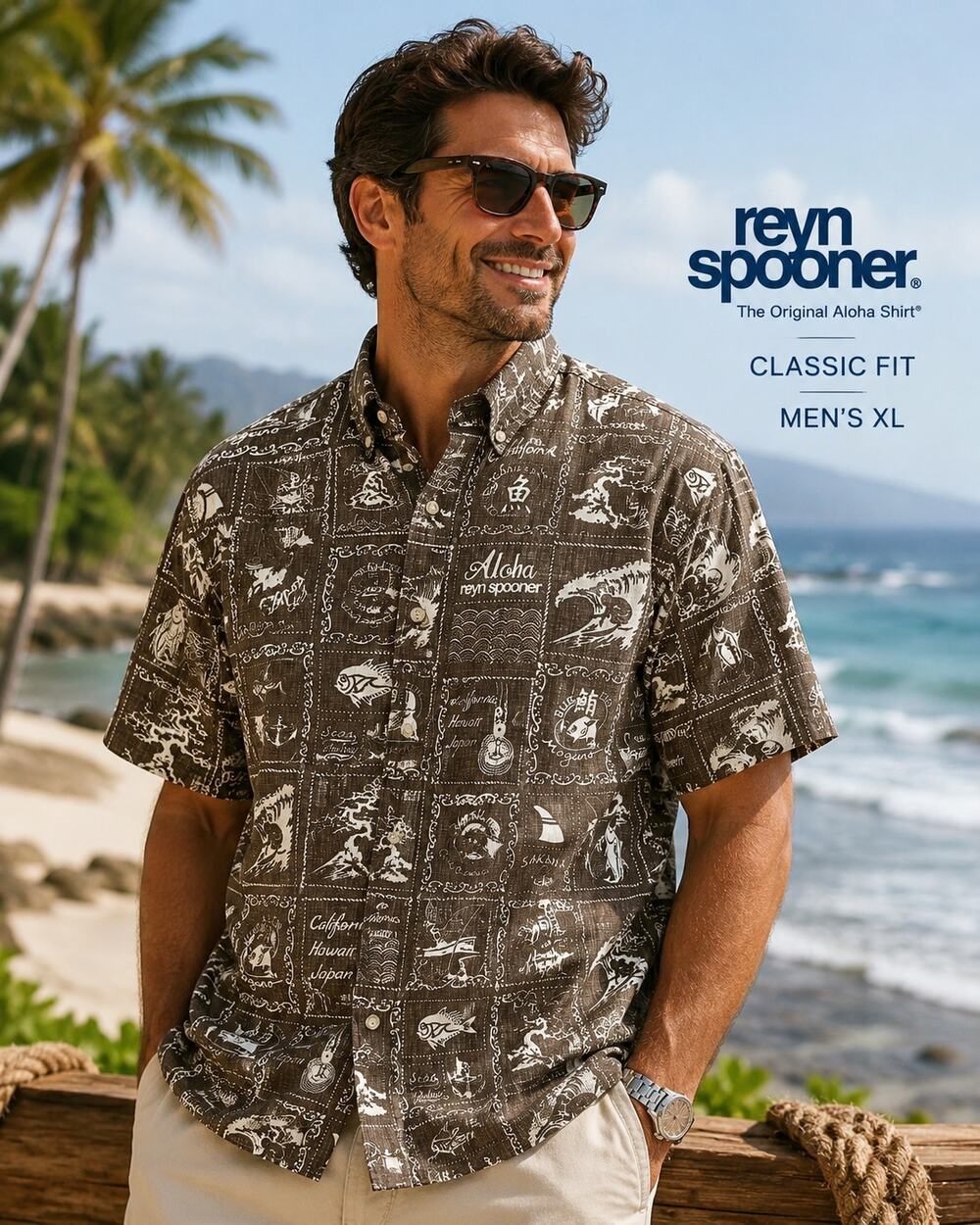 Reyn Spooner Hawaiian Shirt XL Brown Fishing Surf Japan Hawaii Aloha Classic Fit